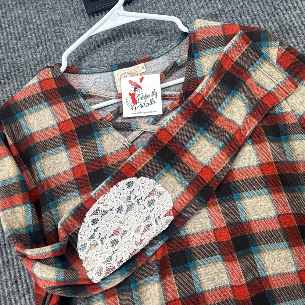 Grace & Emma Plaid Top Women XL Multi NEW Lace Elbow Patch Strappy V-Neck